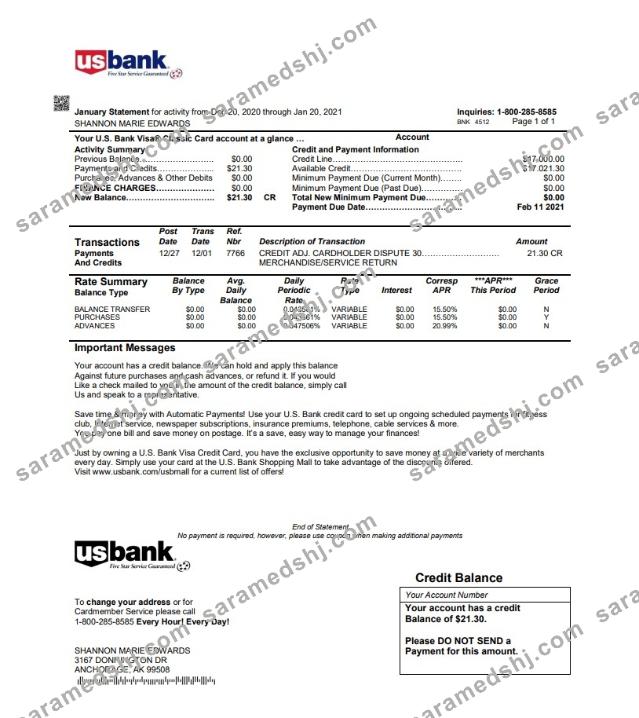 USA U.S. bank credit card statement template in Word and PDF format